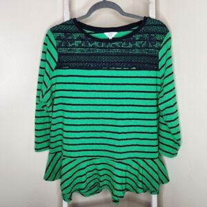 Crown & Ivy top womens 2X green blue stripe lace 3/4 sleeve peplum 100% cotton